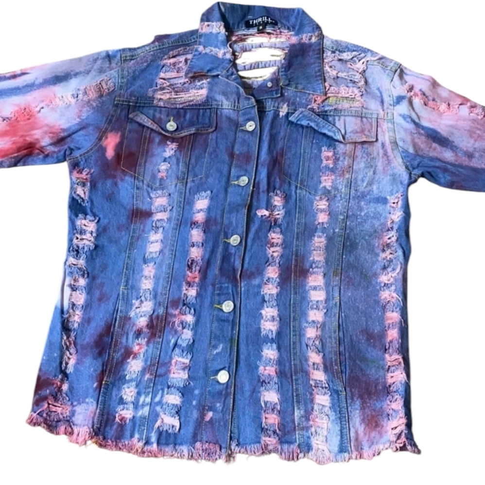 * Thrill jeans 1X jean jacket distressed button front custom died